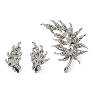 Silver Tone Leaf MCM Statement Clear Rhinestone Matching Brooch & Earrings Set